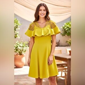 Gracia Yellow Off Shoulder Dress with Ruffle and Strap Detail, Size S
